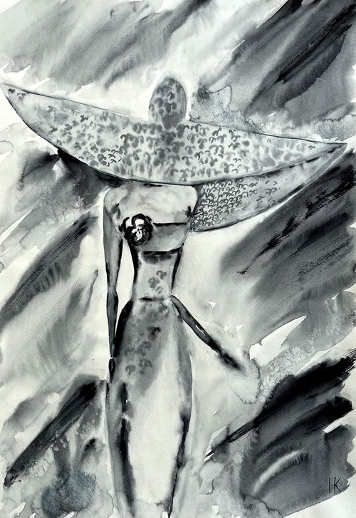 Woman in Hat original watercolor painting by Halyna Kirichenko