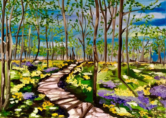 Spring in London park, sunny day sky yellow and purple bloom flowers meadow path trees Original MODERN landscape painting OFFICE DECOR