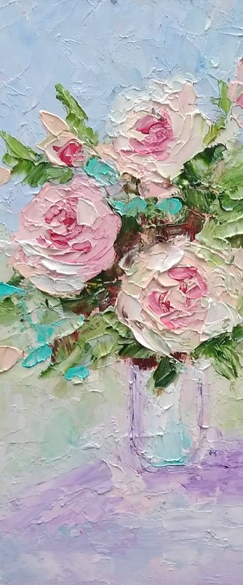 Pink Roses Painting Original Art Small Oil Artwork Flower Wall Art Floral Mini Oil Painting by Yulia Berseneva