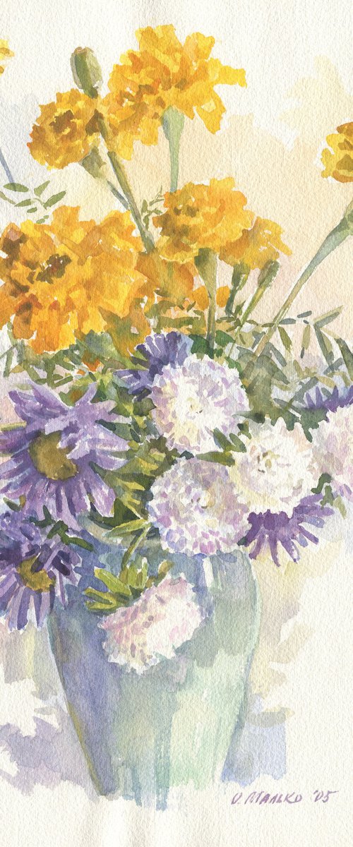 Yellow blue bouquet. Marigolds and asters / ORIGINAL watercolor 11x15in (28x38cm) by Olha Malko