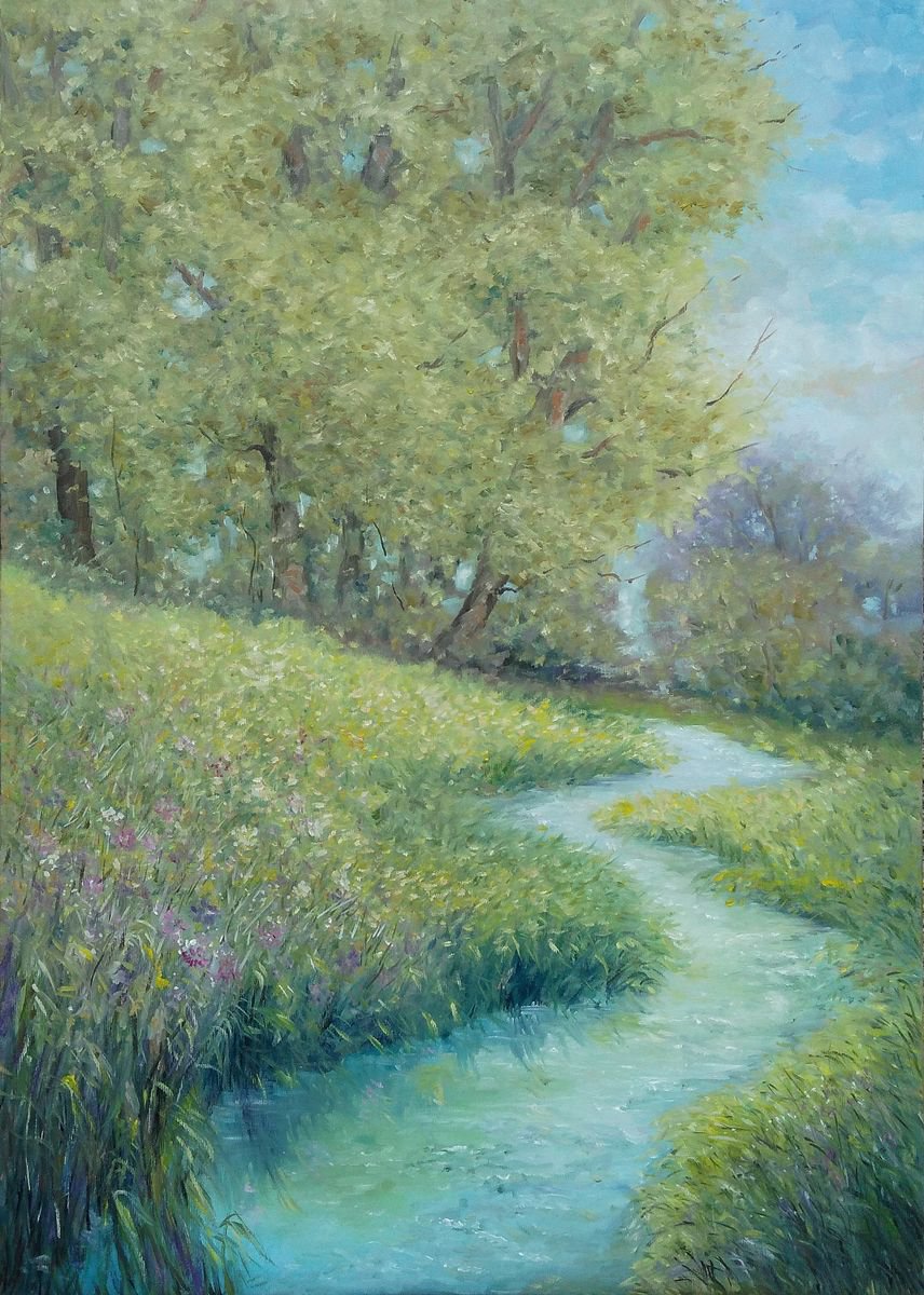 COUNTRYSIDE POETRY , 50x70cm, summer riverside meadow landscape by Emilia Milcheva