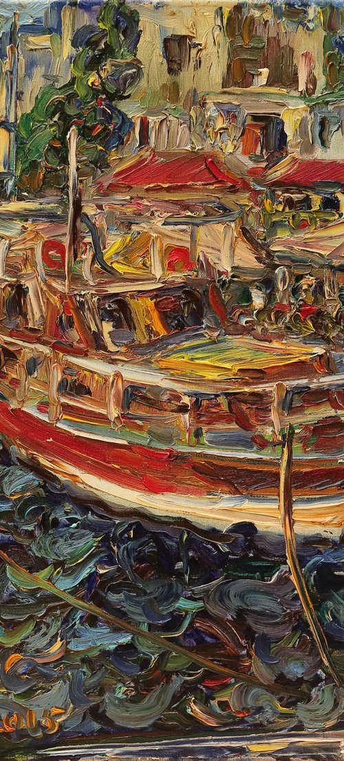 TURKEY BOATS - landscape, original oil painting, seascape, boat, waterscape, marina,  yachting, home hotel office decor, gift for him  65x70 by Karakhan
