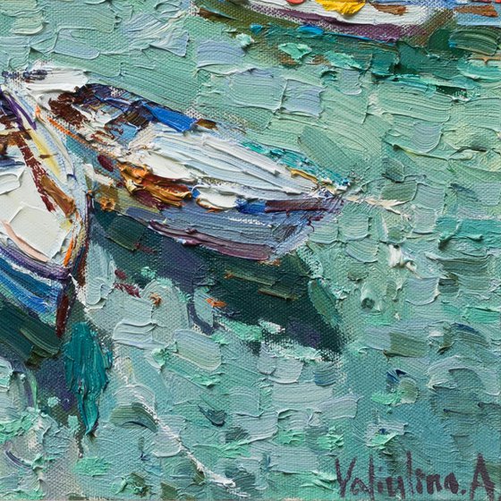 Moored rowing boats - Original oil seascape painting