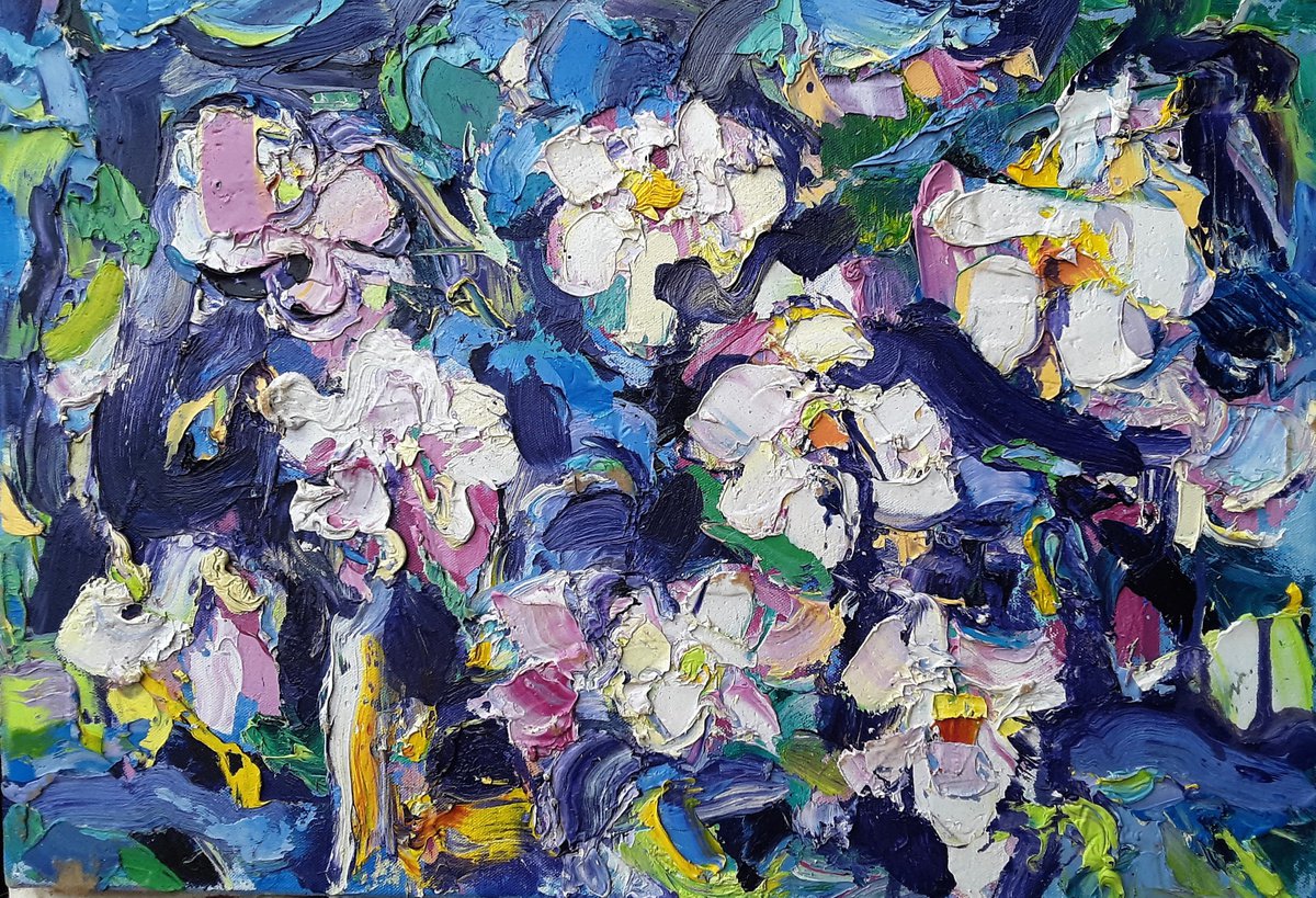 Expressive Botanical Oil Painting By Ruslan Khais, 20 X 14", Midnight Magnolia, Original Artwork