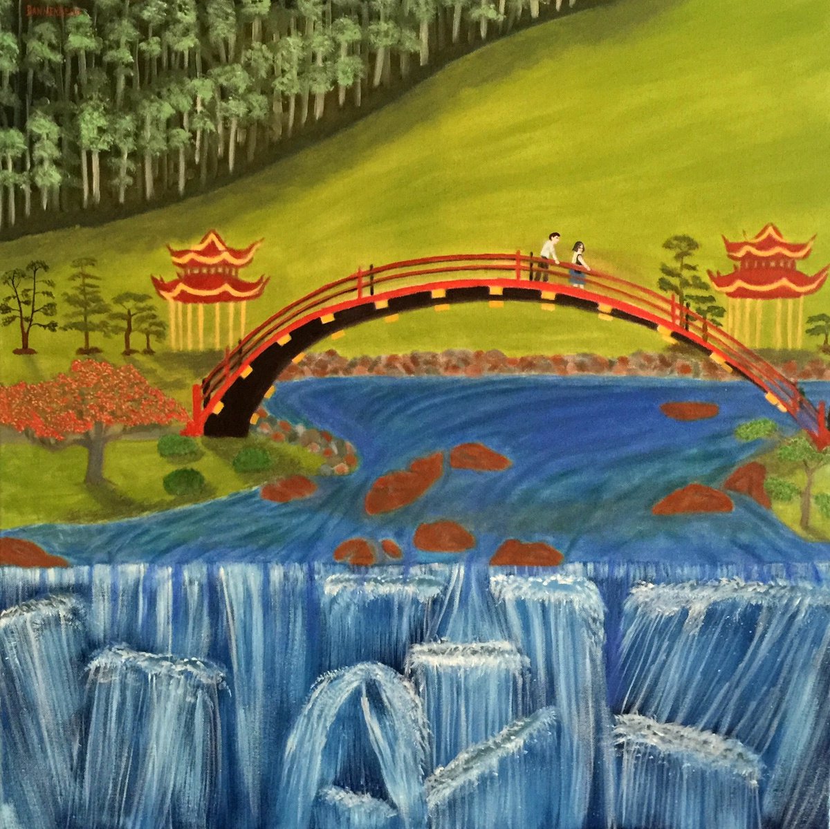 Impressionistic Portrait Oil Painting By Leslie Dannenberg, 30 X 30", Twisted Red Bridge, Original Artwork