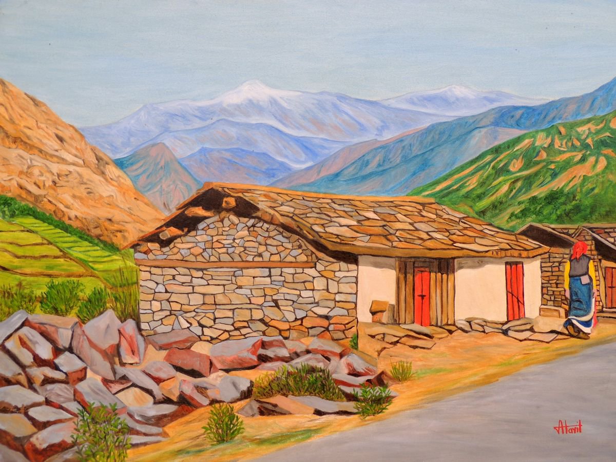 Photorealistic Landscape Oil Painting By Ajay Harit, 40 X 30, Hut In Mountains, Original Artwork