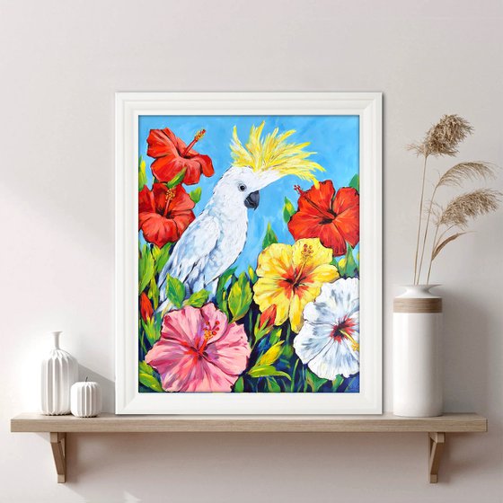 White Cockatoo and Hibiscus flowers