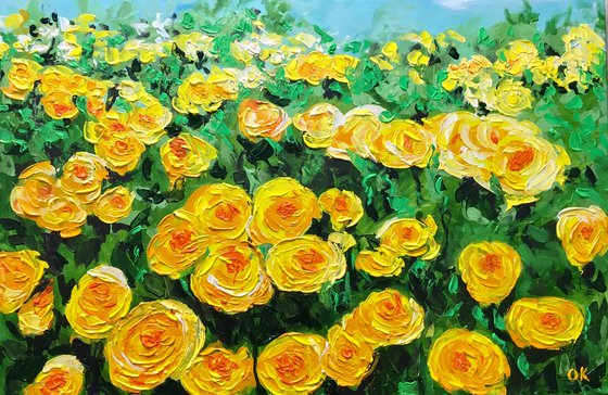 FIELD OF YELLOW, ORANGE, WHITE  ROSES  palette knife modern decor MEADOW OF FlOWERS, LANDSCAPE,  office home decor gift