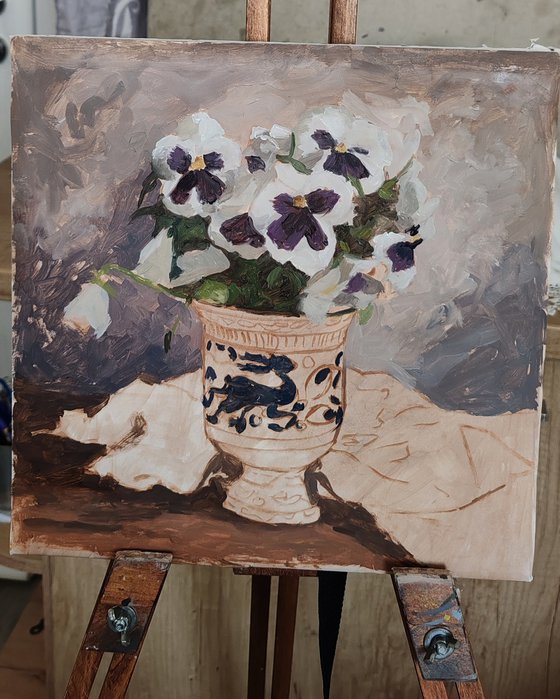 Pansies in a Porcelain Vase