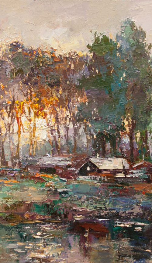 Oil painting Rural landscape at sunrise by Anastasiia Valiulina