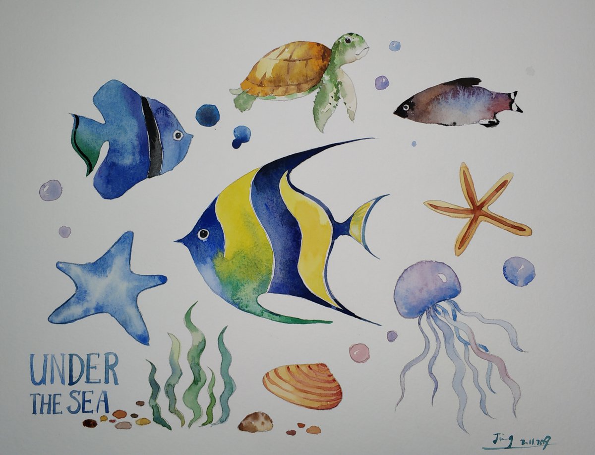 Impressionistic Animal Drawing By Jing Chen, 15 X 11, Sealife, Original Artwork