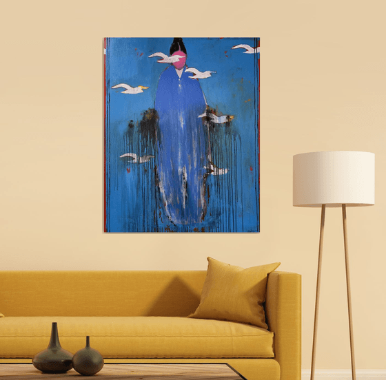 Silent Ascension – Blue Figure with Birds