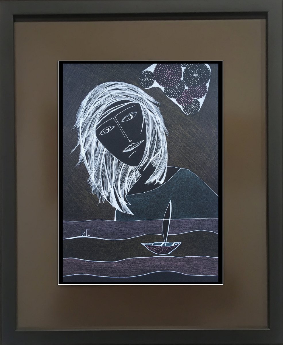 Naive Portrait Drawing By Irina Goleva, 14 X 17, This Too Shall Pass, Original Artwork