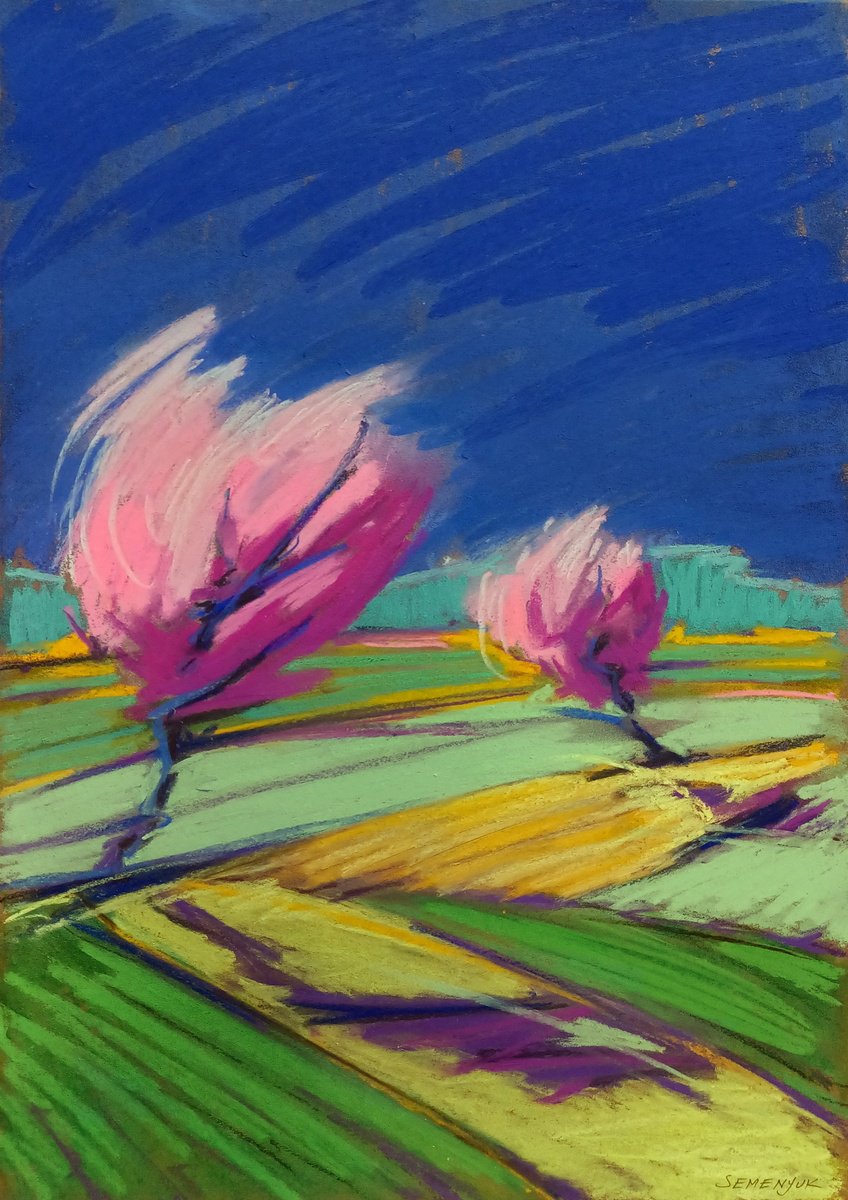 Impressionistic Botanical Pastel Drawing By Evgen Semenyuk, 16 X 20, Windy Day In Spring, Original Artwork