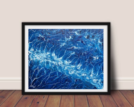 Restless sea - abstract seascape on stretched canvas, ready to hang, unique frothing technique - 50x40 cm