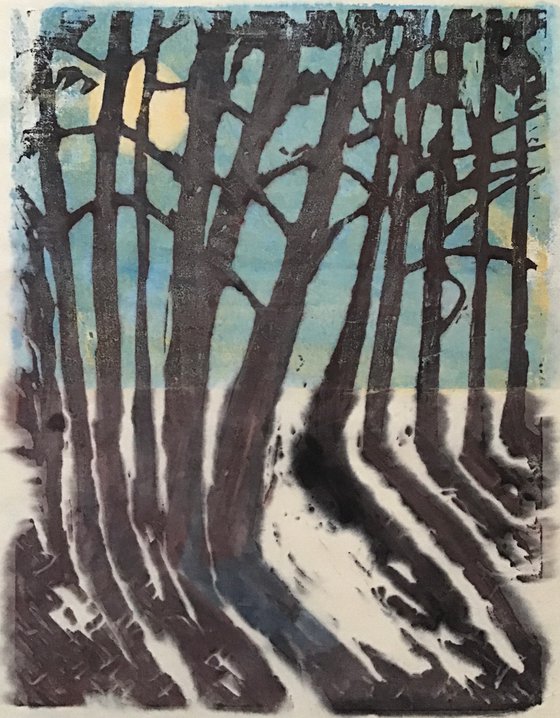 Winter Trees unique lino print