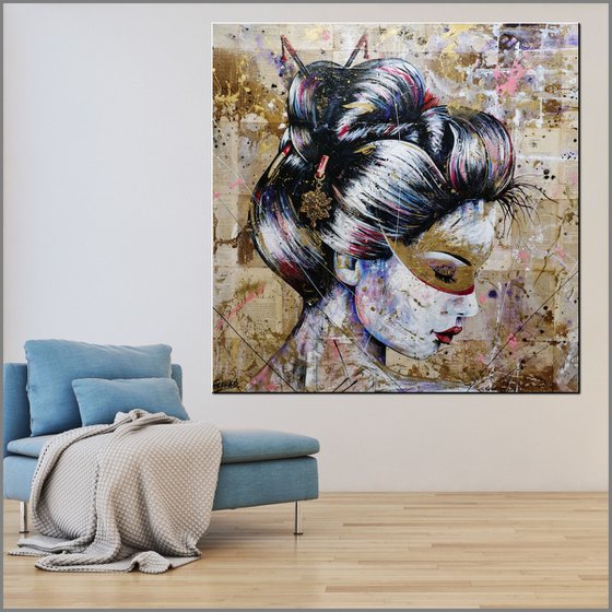 Shizukesa 120cm x 120cm Geisha Book Page Textured Abstract Realism Art