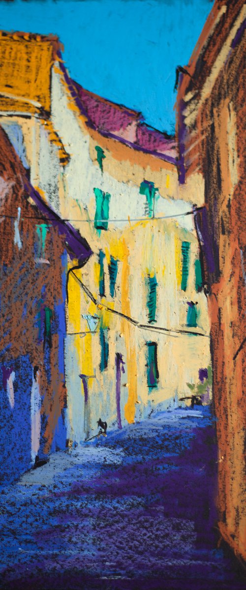 Street in Bergamo, Italy. Dark colors urban landscape. Italy small oil pastel impressionistic painting dark moody contrast street view by Sasha Romm