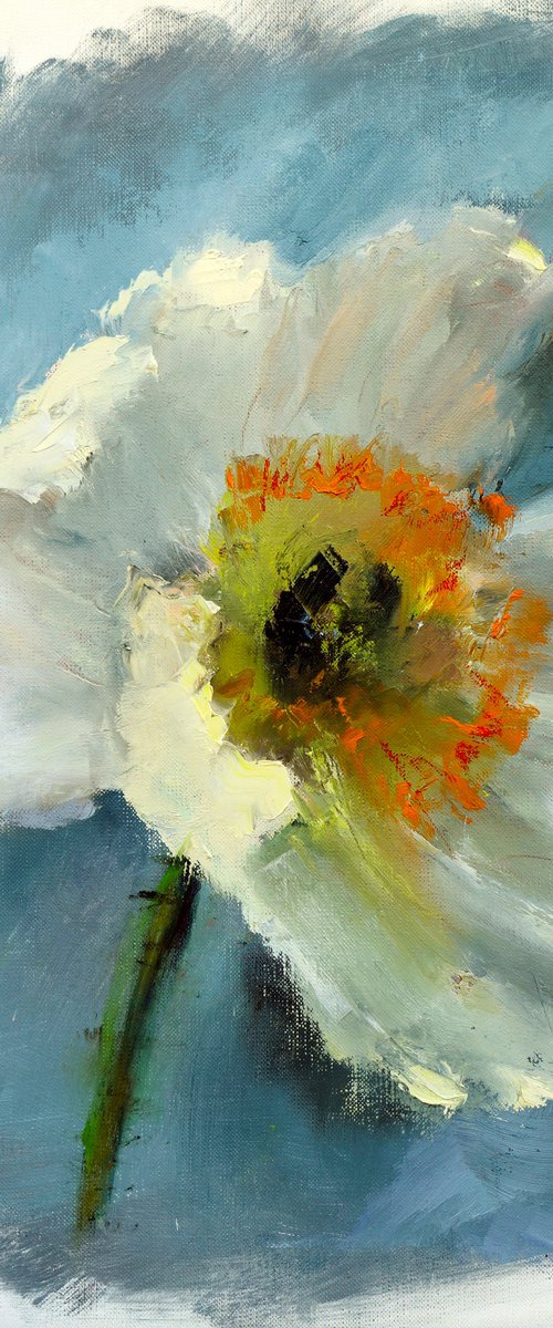 White Poppy flower painting on paper by Anna Lubchik