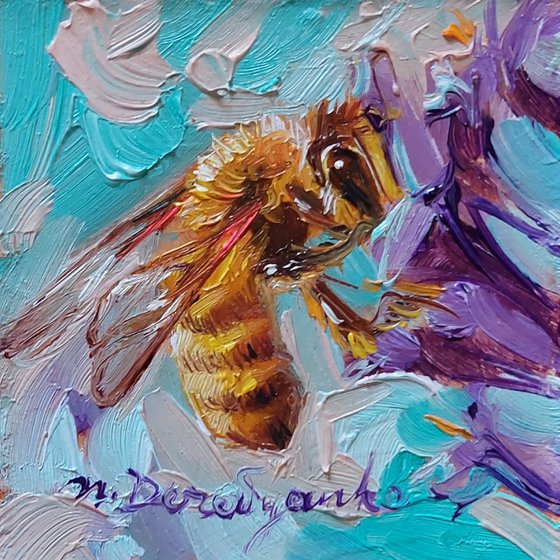 Bee art oil painting original 2x2 inc, Bee artwork green pink in frame, Honey bee wall art tiny, Dad gift