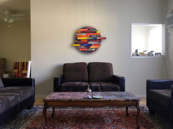 "Misdirection" - FREE USA SHIPPING - Original PMS Assemblage Sculptural Painting On Wood, Tondo - 31 x 24 inches