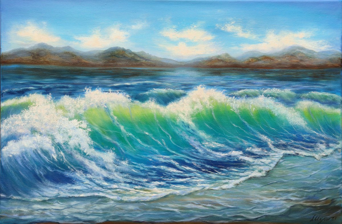 Expressive Landscape Oil Painting By Ludmilla Ukrow, 30 X 20", Blue Sea Waves, Original Artwork