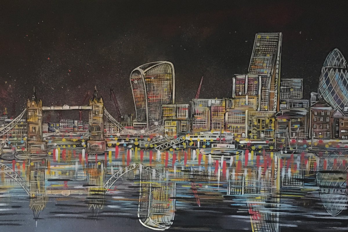 Illustrative Cityscapes Painting By John Curtis, 28 X 20, Tower Bridge - Canvas, Original Artwork