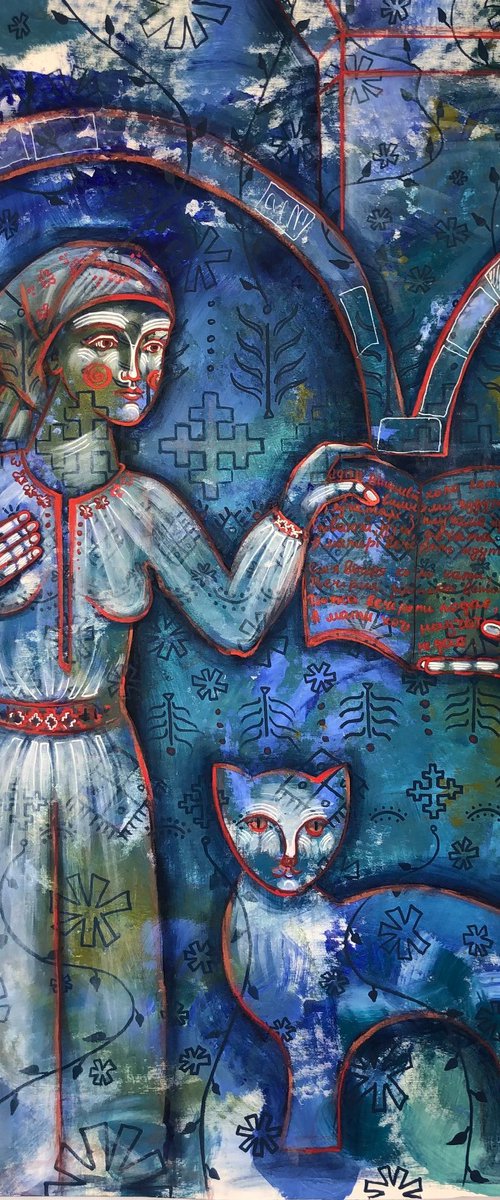 “New Time” big blue and red  painting with Ukrainian ornaments by Yuliia Chaika