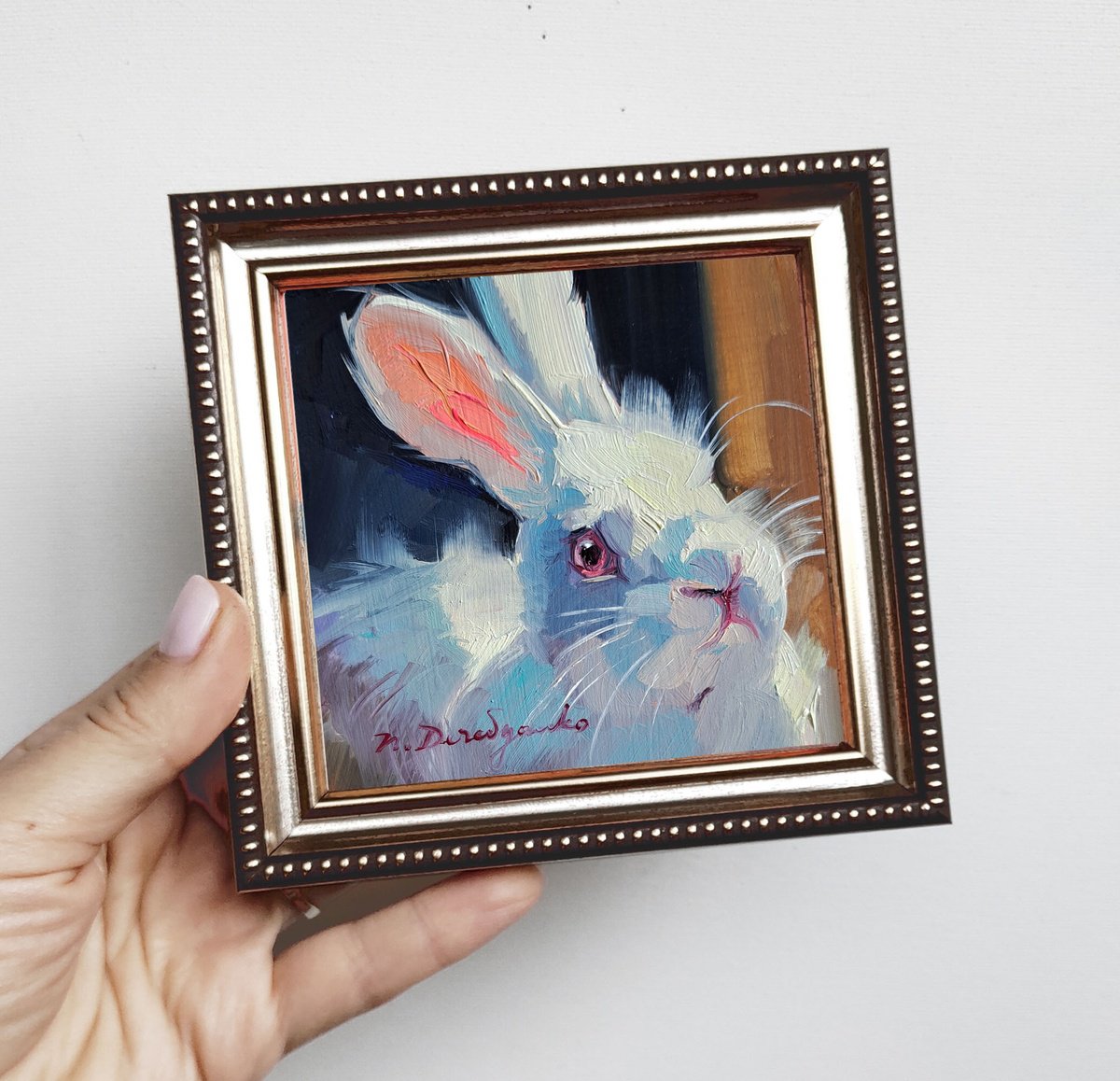 White rabbit oil painting original art 4x4, Animal oil painting in frame by Nataly Derevyanko