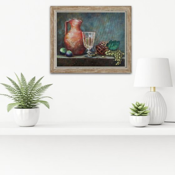 Still Life with Figs, original gift with meaning, original gift, home decor, Still Life with Grapes, Still Life with Figs, Still Life with Jug, Clay Jug, realistic painting, glass with water, still life for the kitchen, still life for the living room
