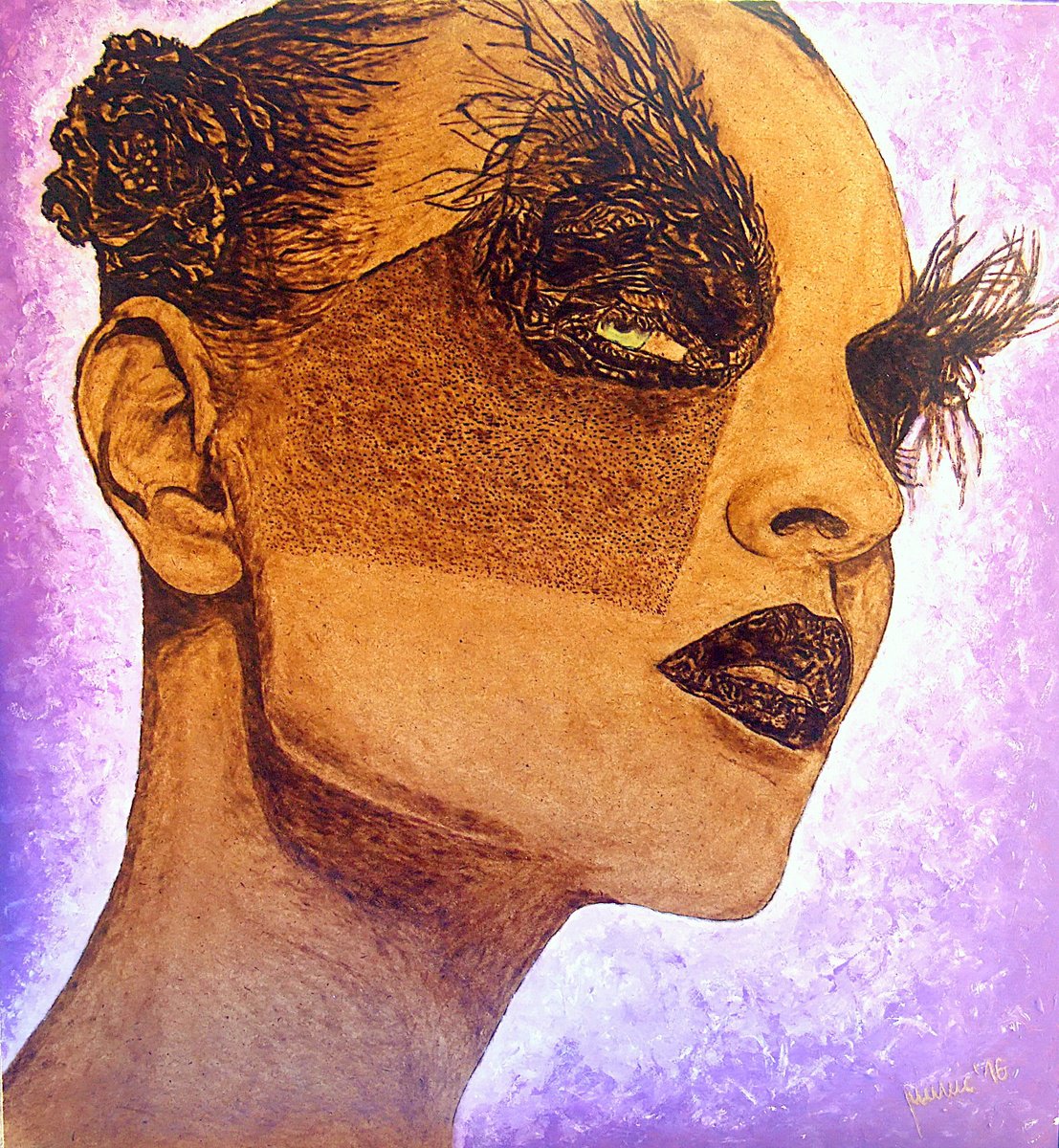Expressive Portrait Painting By Milis Pyrography, 15 X 16", Purple Seduction, Original Artwork