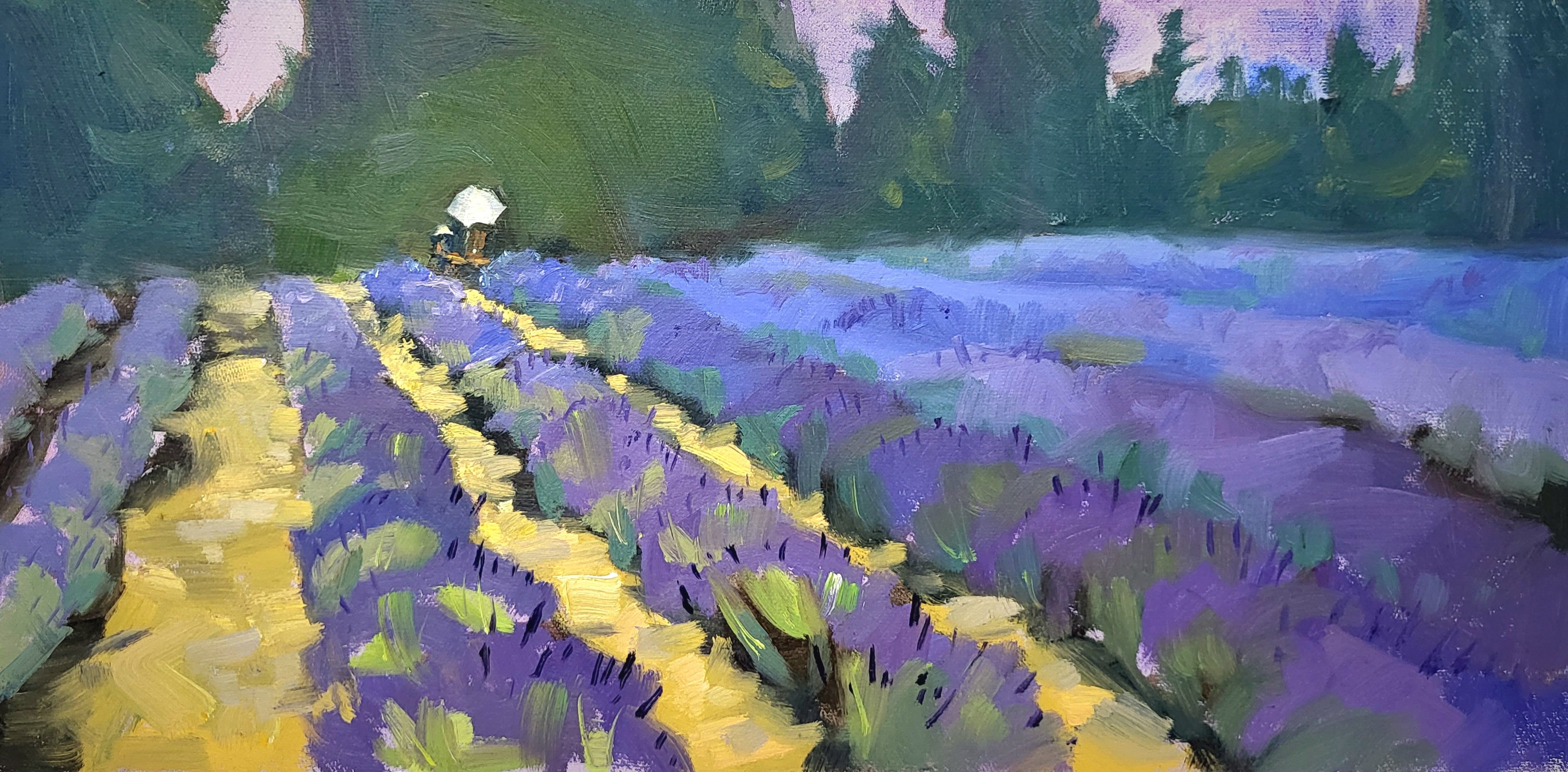 Impressionistic Landscape Oil Painting By Kristina Sellers, 16 X 8", Lavender Perspective, Original Artwork