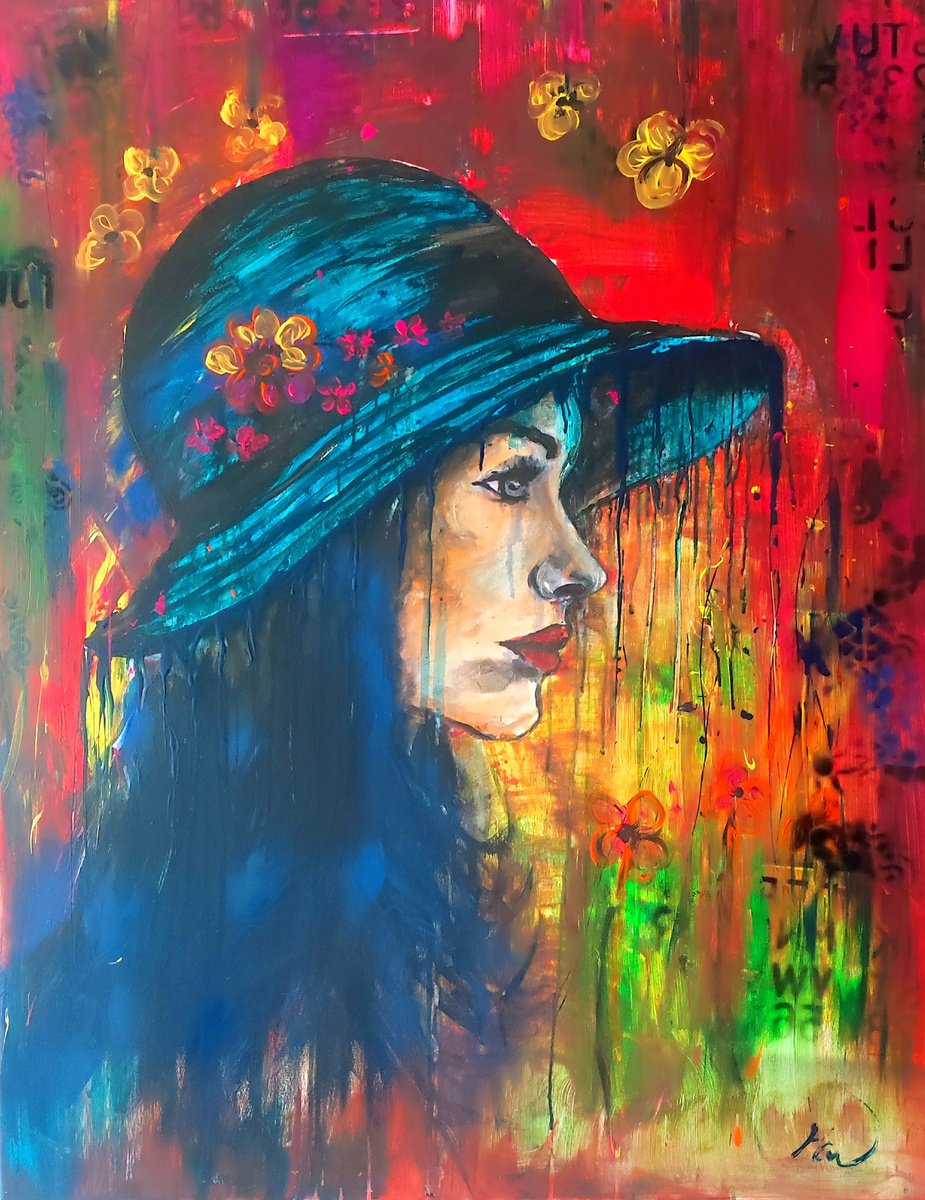 Abstract Portrait Acrylic Painting By Beata Harasim, 31 X 39, Women With Hat, Original Artwork