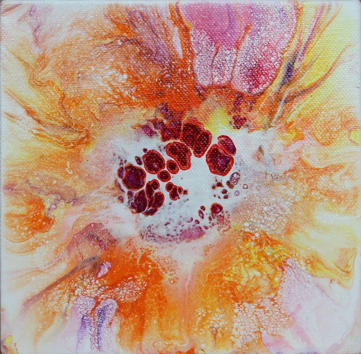 Abstract Acrylic Painting By Debbie Young, 6 X 6, Fiery Explosion, Original Artwork