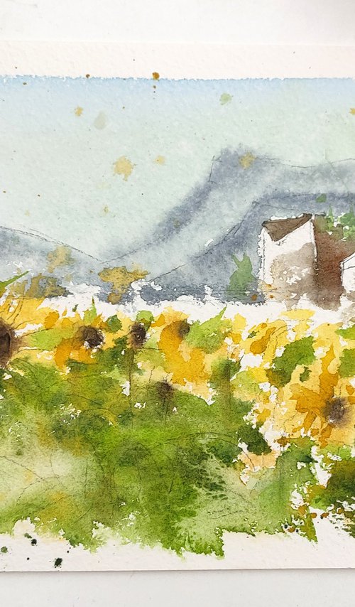 Sunflower field in Drome France original painting, landscape watercolor painting with sunflowers, small art sunflowers, impressionist art by Dawna Mae Mangeart