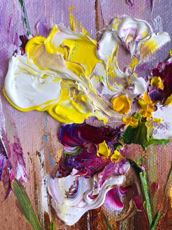 IRIS MOOD №2 - Iridodictyum. Irises. Flowers. Gift. Lilac color. Bouquet. Garden. Garden flowers. Field irises. Mini-art. Fast painting. The best solution. Gift painting. Postcard. Season. Holidays.