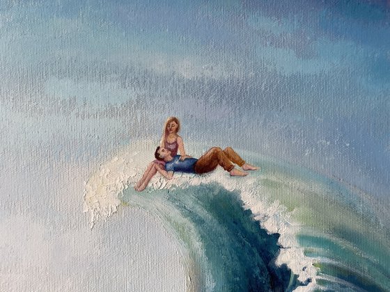 "On a wave under the stars". People. Orifinal Oil painting. Couple