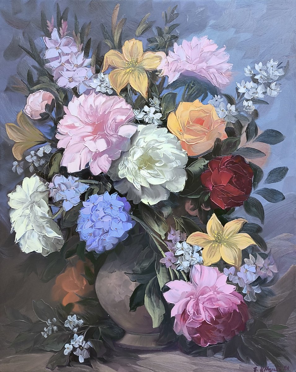 Impressionistic Botanical Oil Painting By Kamo Atoyan, 24 X 31", Elegance Bouquet, Original Artwork