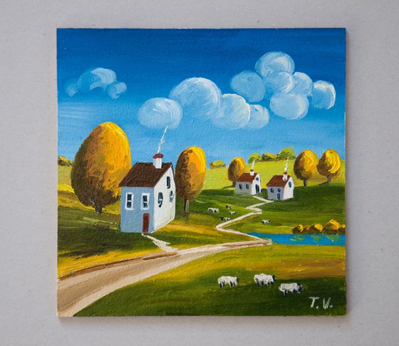 Village scene. Folk Art. Oil painting. Miniature 6 x 6in.