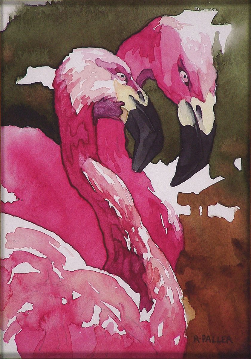 Animal Watercolour By Rick Paller, 5 X 7", Two Flamingos - Somewhat Slightly Psychotic, Original Artwork