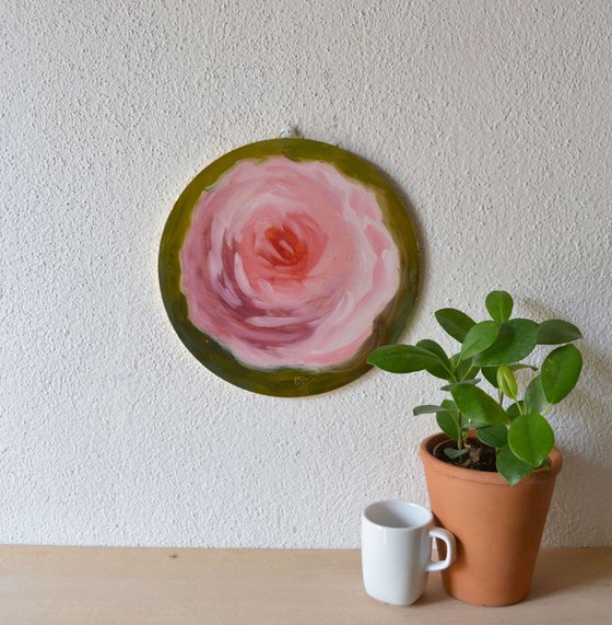 Round Pink Rose Flower Oil Painting on Canvas Board