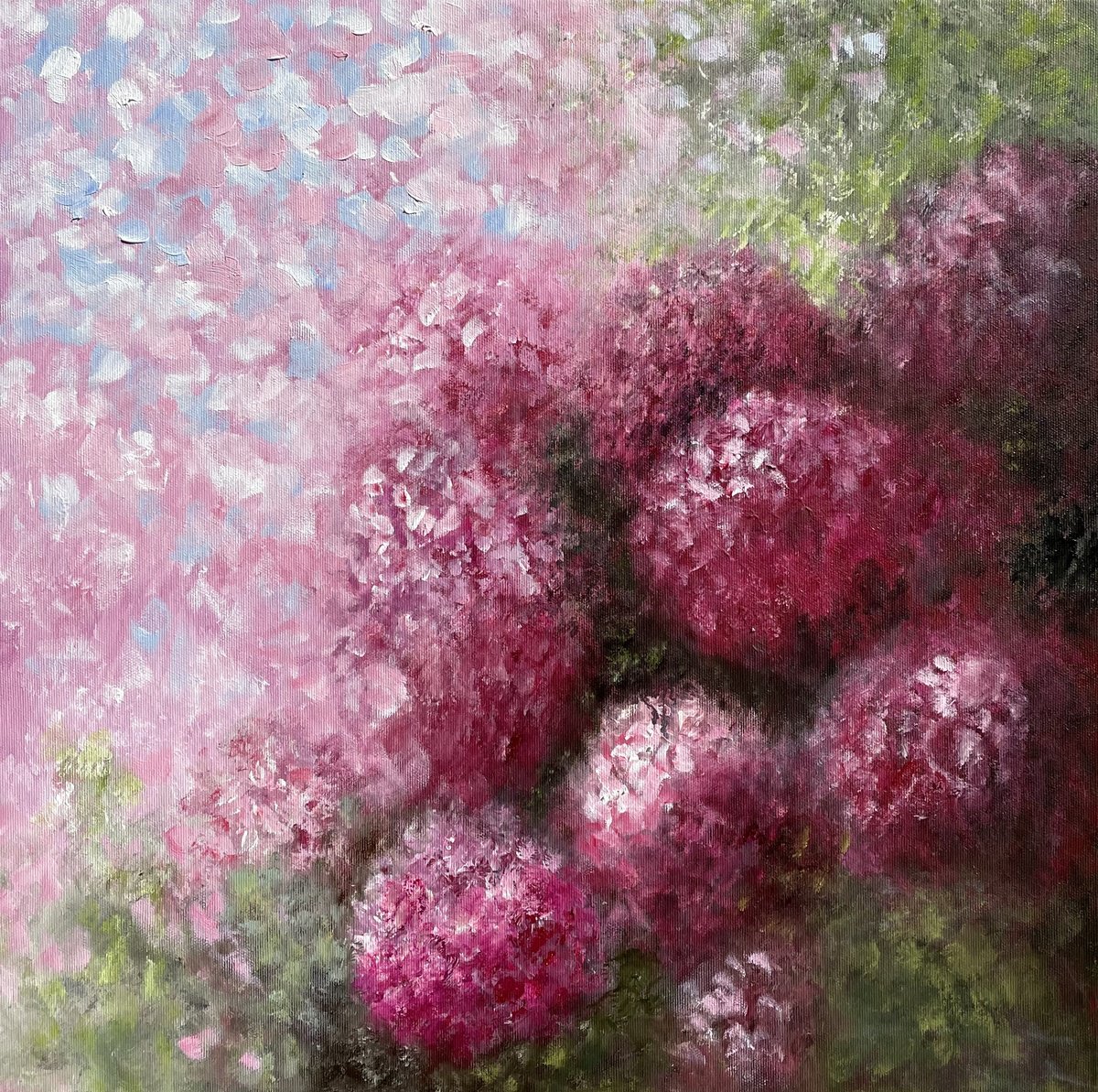 Impressionistic Landscape Oil Painting By Tanja Frost, 20 X 20", Hydrangeas Dream, Original Artwork