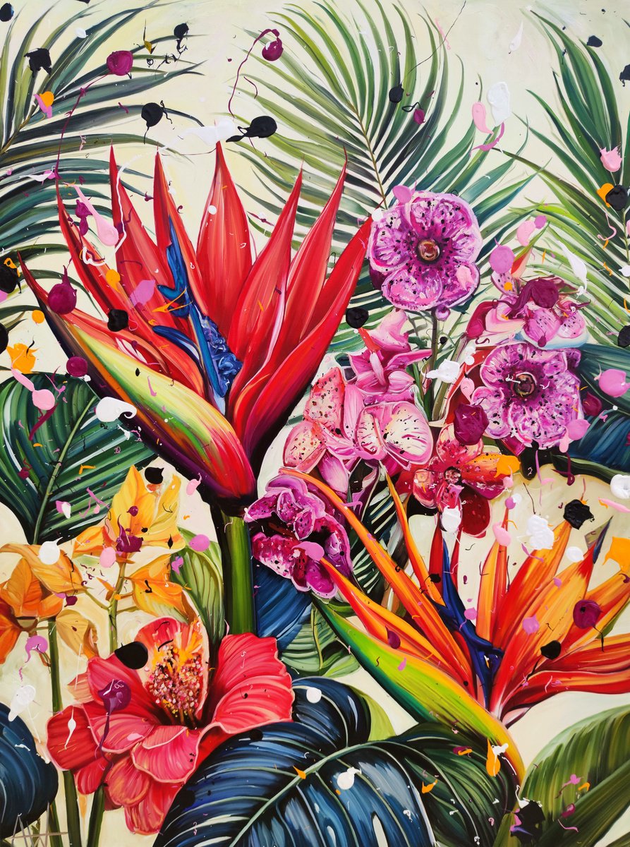 Photorealistic Botanical Oil Painting By Angie Wright, 35 X 47, Orchid Oasis, Original Artwork