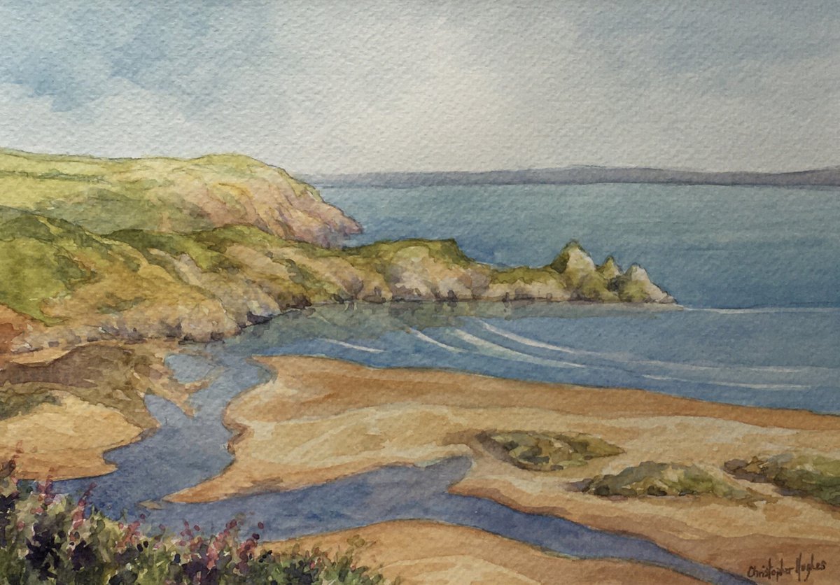 Impressionistic Landscape Watercolour By Christopher Hughes, 10 X 7, The Gower Coast.three Cliffs., Original Artwork