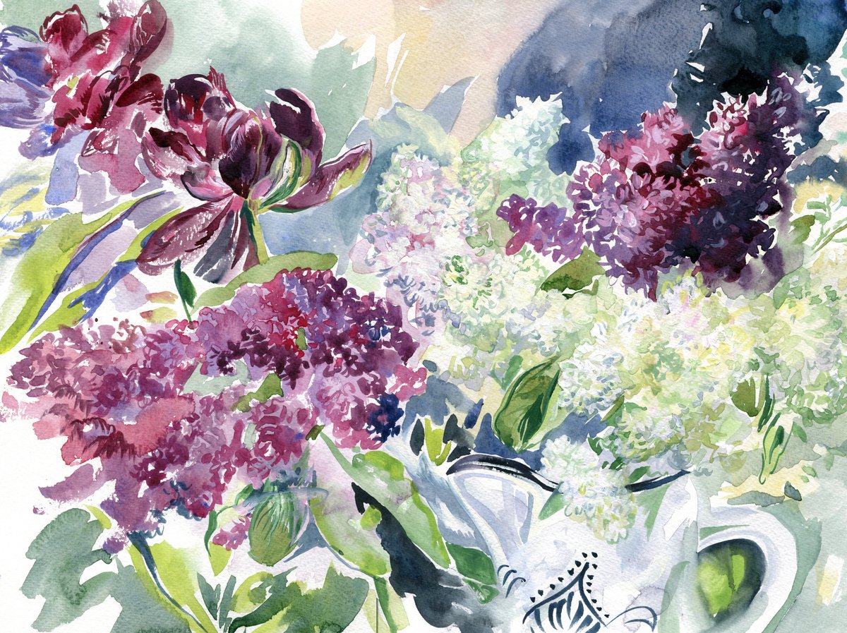 Impressionistic Botanical Watercolour By Daria Galinski, 16 X 12, Lilac Watercolor Still Life, Original Artwork