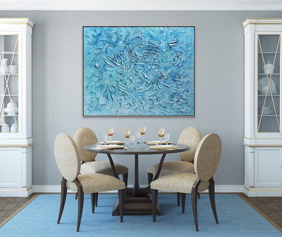 LOST IN THE MOMENT. Abstract Blue Teal Coastal Art with 3D Dimensional Texture