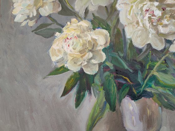 White peonies on a silver background
