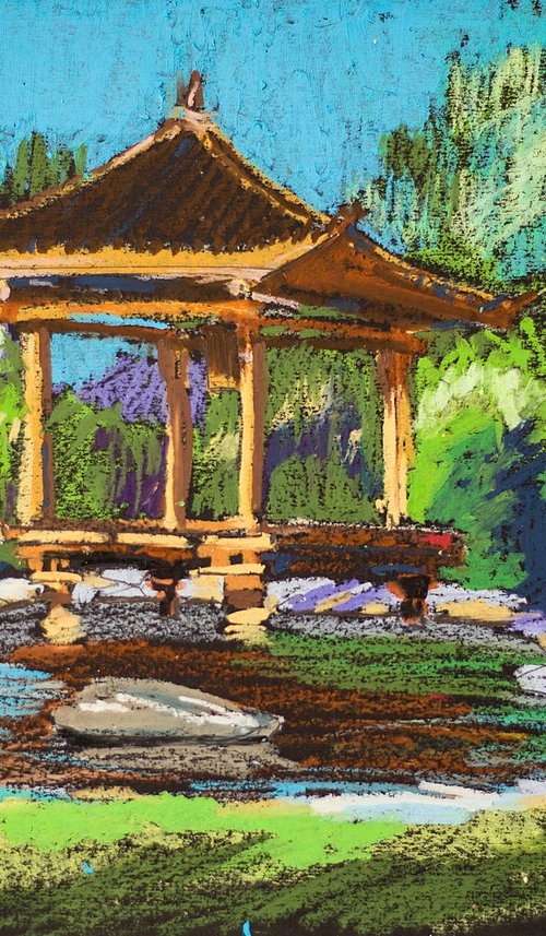 Pagoda. Japanese garden. Sunny urban natural impressionistic landscape. Medium size oil pastel impressionistic interior painting travel decor Spain Madrid by Sasha Romm