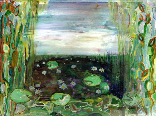 Water Lilies 2 - Impressionist Abstract Landscape of Tropical Leafy Water by Eleanore Ditchburn