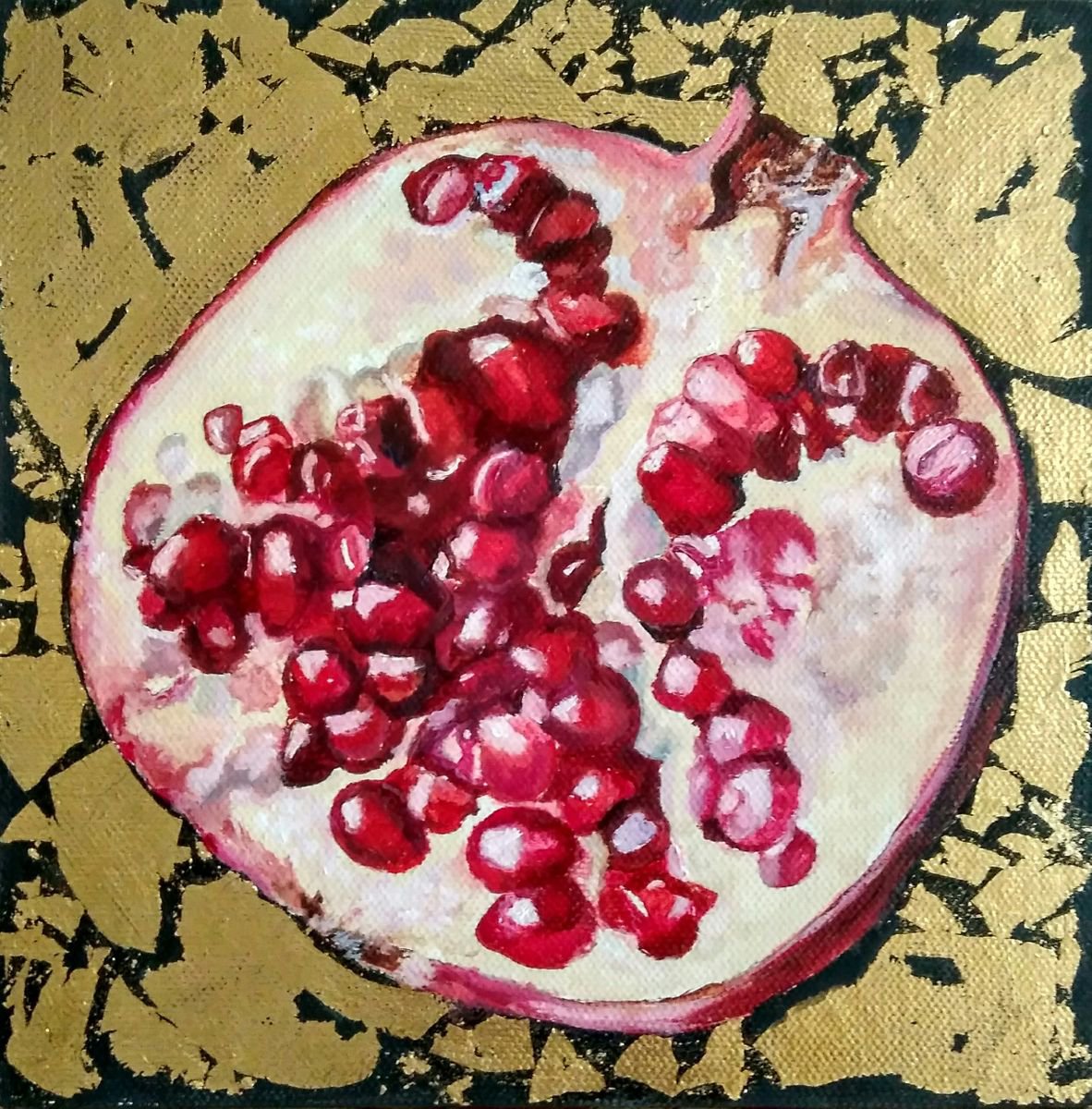 Pomegranate fruit in gold, 20x20 cm. (Ready to hang). by Yulia Berseneva